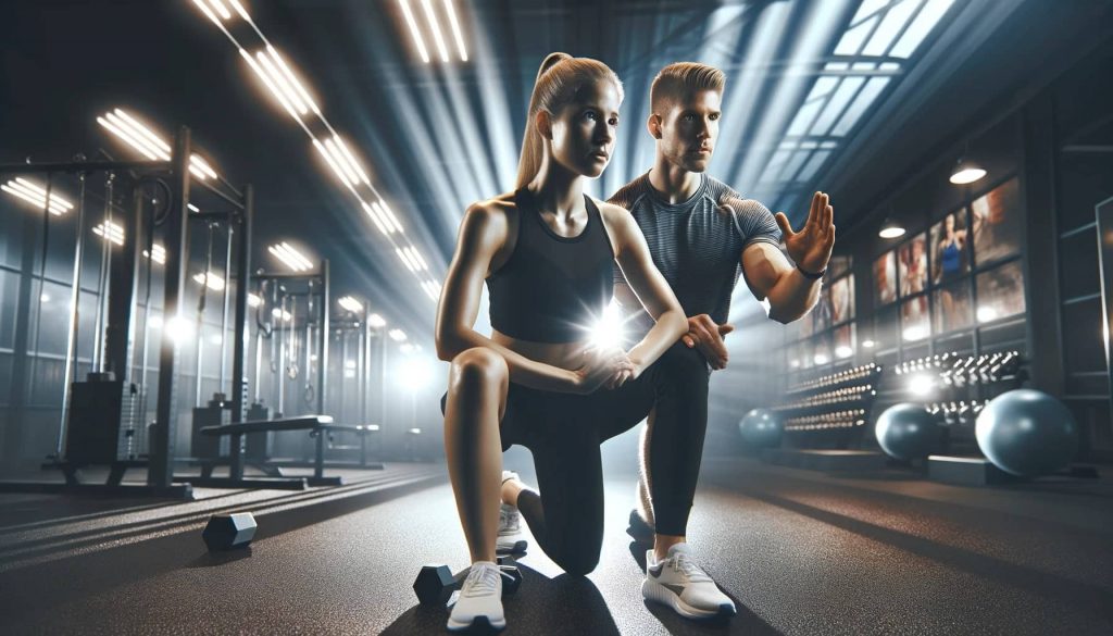 professional male fitness trainer guiding a determined female client engagement within a modern gym setting personal trainers in San Diego, CA