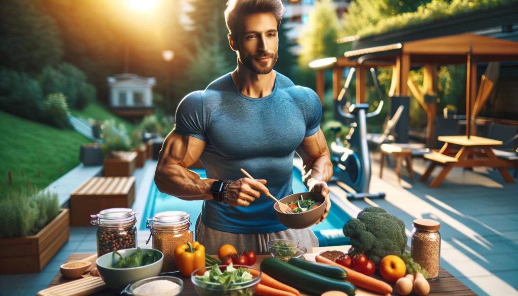 fit man engaging in both healthy eating and exercise as part of his daily routine